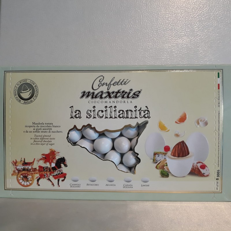 Confetti Cioccomandorla la Sicilianita',   Mandorla Tostata ricoperta da cioccolato bianco ai gusti assortiti.       Kg1