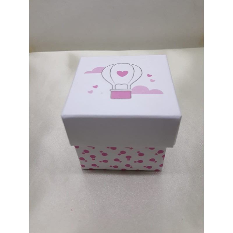 12Pz Porta confetti cubo, fondo e coperchio in cartoncino decoro rosa,  cm 5 x 5 x 5