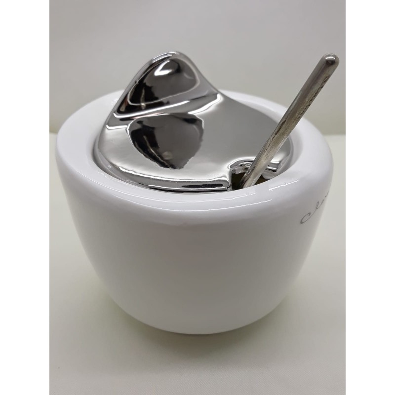 Zuccheriera Claraluna, in porcellana bianca e coperchio argentato con cucchiaio,       completa di scatola ,        cm 9 x 10