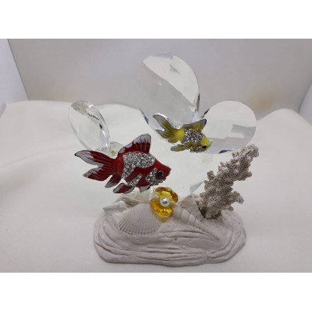 Acquario in cristallo e polvere di marmo con pesciolini in metallo,   cm 10,5 x 11  art. 243-2    completo di  astuccio