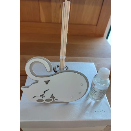 Gatto diffusore in metallo, made in Italy, completo di astuccio e essenza, cm 13 x 10